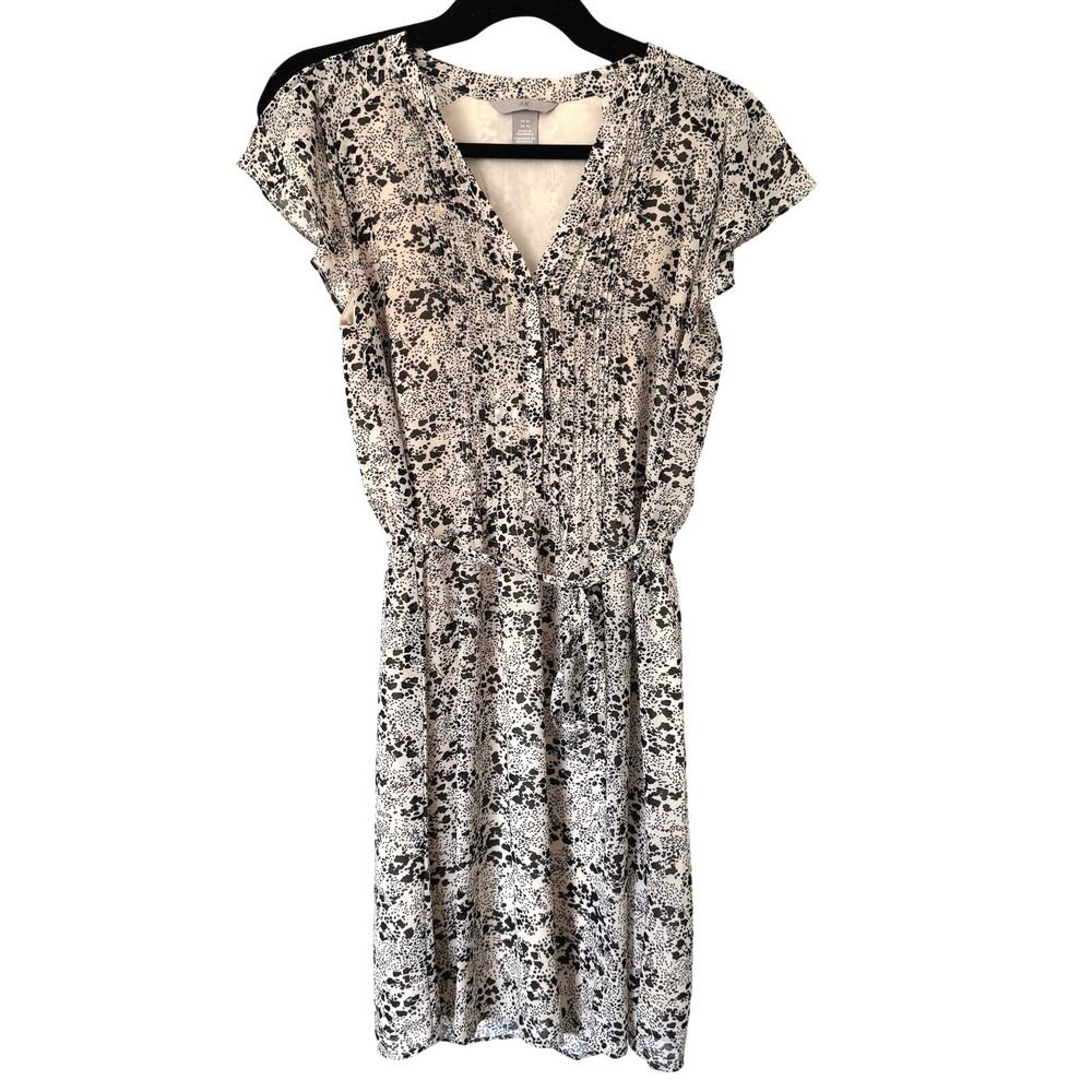 H&M (XS) Abstract Spot Print Mini Dress Flounce Sleeve Tie Waist Neutral